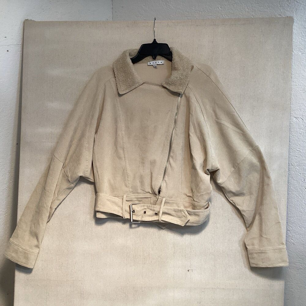 hyfve jacket sz L  corduroy beige full zip belted faux fur collar lined cropped